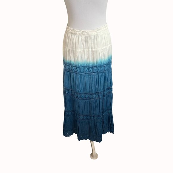 Boho Chic Broomstick Maxi Skirt By Elementz Size S Blue White Ombre Eyelet Sequi - Picture 4 of 16